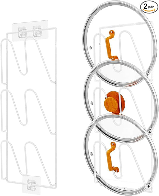 Durmmur 2 Pack Pot Lid Organizer Rack, 6-Tier Pot Lids Holder for Cabinet Door/Wall, No Drilling Adhesive Wall/Door Mounted Rustproof Pot and Pan Cover for Kitchen Storage, White