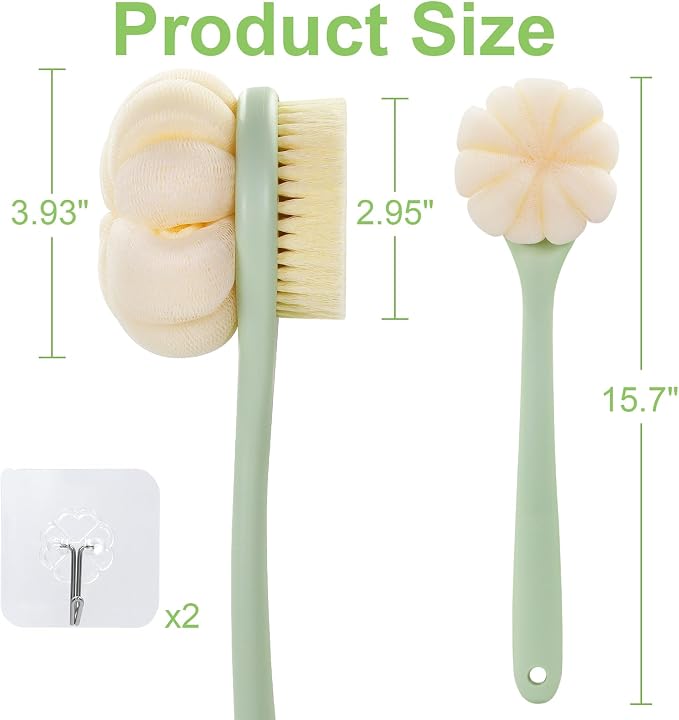 Back Scrubber for Shower with Long Handle, Double-Sided Shower Brush for Body, Loofah Back Scrubber & Bristle Bath Brush, Back Brush for Shower Exfoliating Hard-to-Reach Areas, Bath Brush Long Handle