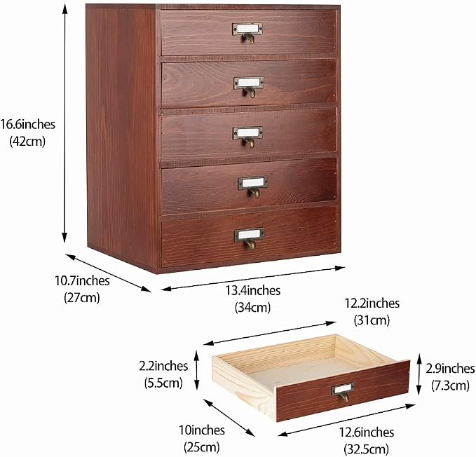 GoooodGIFT Wooden Drawers Large Wooden Box with Drawer, Brown | 5 Drawer Wood Storage Box , Vintage Desktop Organizer with Drawers, Desk Organizers for Library Card Catalog Cabinet