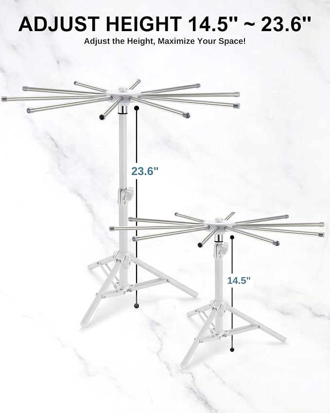 Pasta Drying Rack Collapsible, Large Noodle Dryer Foldable | 360° Rotating, Adjustable Height(14.5"-23.6"), 304 Stainless Steels Arm with Ravioli Wheel for Fresh Pasta Spaghetti