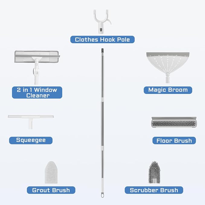 7-in-1 Floor Scrub Brush Magic Silicone Broom Set with Long Handle | Tile Tub Scrubber Brush, V-Shaped Grout Brush, Clothes Hook Pole, 2 in 1 Window Cleaner Squeegee for for Shower Bathroom Wall