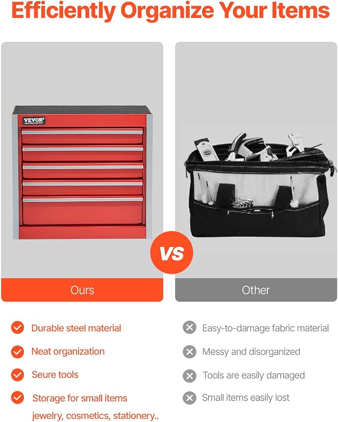 VEVOR Metal Tool Box, 8.6-inch, Portable Metal Tool Box with 5 Drawers, Small Tool Chest with EVA Liners and PP Feet Pads, Heavy-Duty Steel With Ball Bearing Opening and Powder Coated Finish, Red