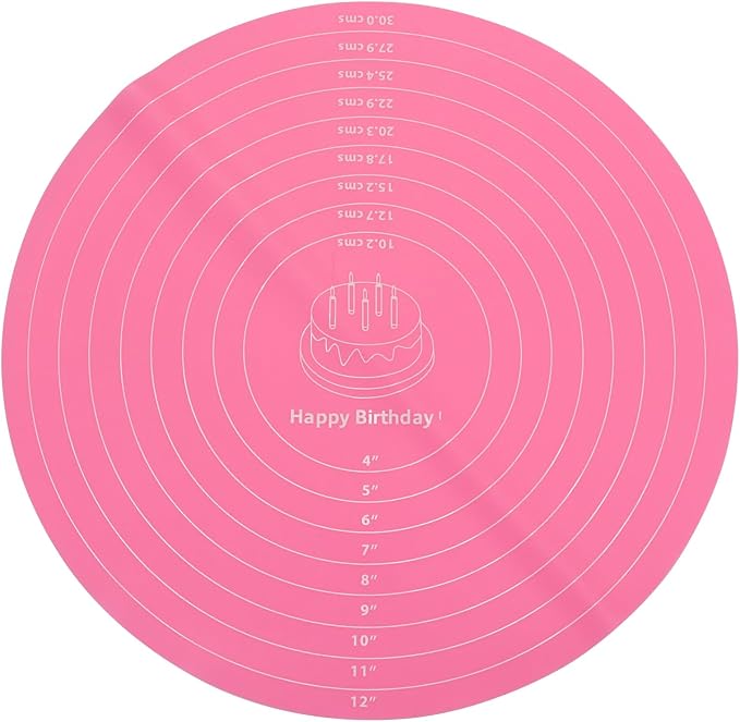 12 Inch Round Silicone Cake Mat with Measurements, Non-Stick Baking Mat for Cake Turntable, Dough Rolling, Cookies & Pizza, Heat Resistant Reusable Pastry Pad(Pink)