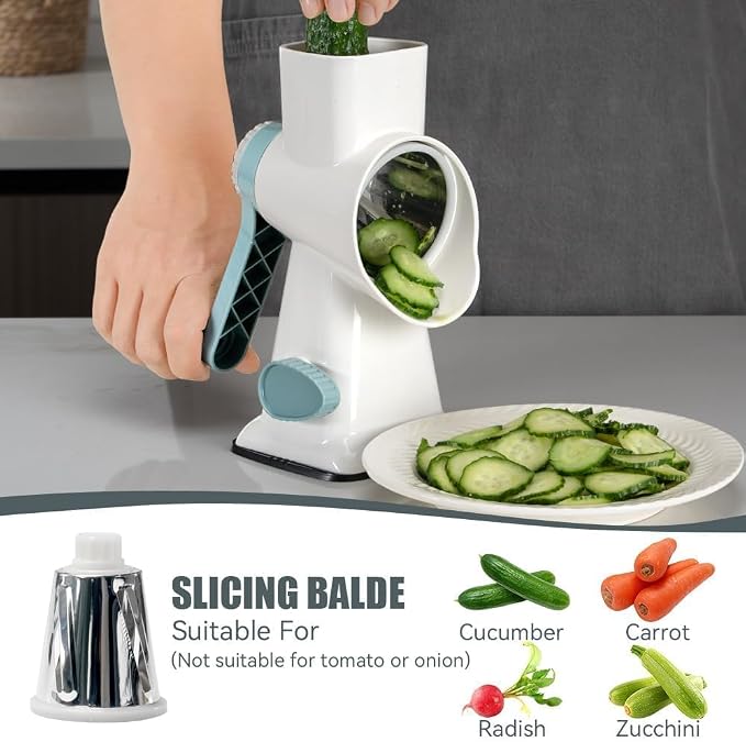 KEOUKE Rotary Cheese Grater Hand Crank White - Shredder Slicer Grinder 3 Stainless Steel Blades, Stable Suction, Labor-Saving Handle, Safe Kitchen Tool for Cheese, Vegetable, Nuts, Chocolate