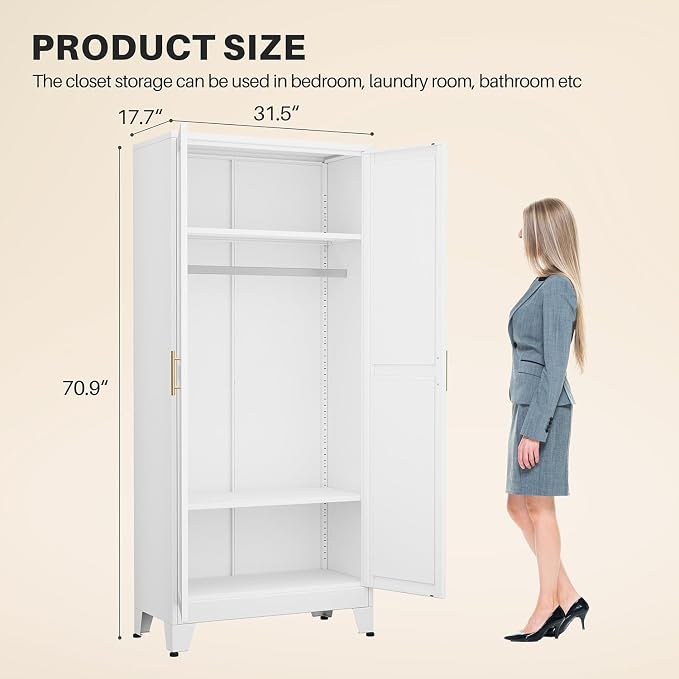 winiowa Metal Armoire Wardrobe Closet with 2 Doors, 71"' Wardrobe Cabinet with Adjustable Shelves and Hanging Rod, Clothing Storage Cabinet Closet for Bedroom-White