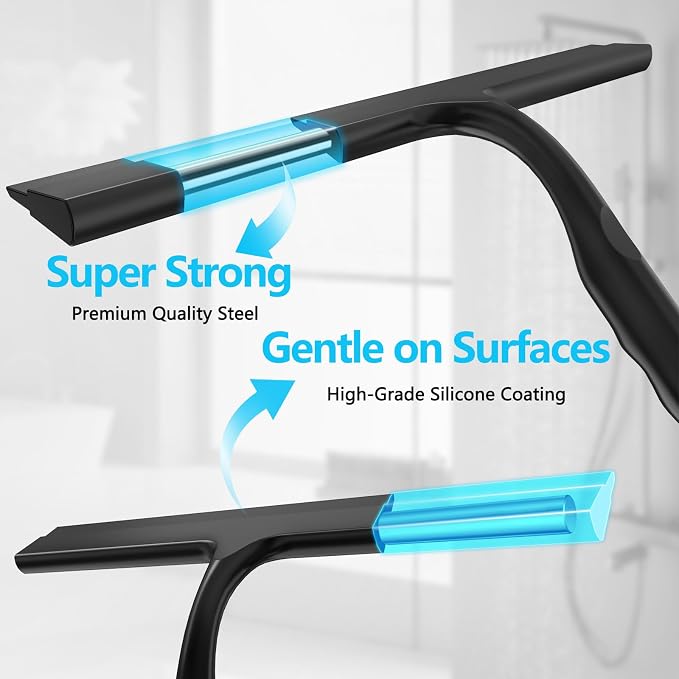 Shower Squeegee for Glass Doors, All-One-Piece Winning - Silicone Squeegee | Squeegee with Built-in Hook for Shower Glass,Bathroom, Window, Mirror, Tile Wall,Car, Streak-Free Cleaner Tool,10-Inch,Black