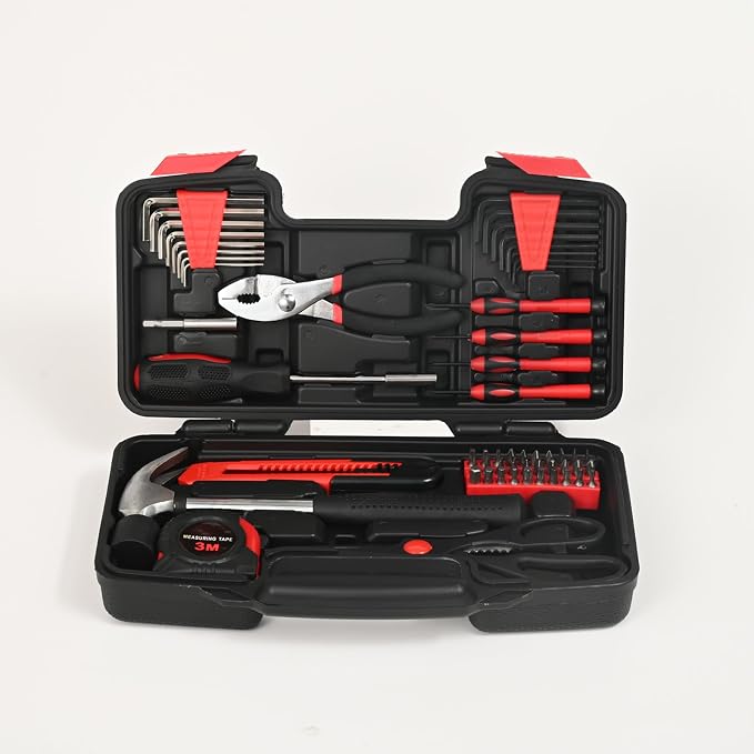 58-Piece Household Tool Set, Red Hand Kit With Storage Case | All Purpose Hand Tool Kit, Basic Home Tool Set, Plastic Storage Case, for Home Garage Office Dormitory, Basic Repairs, Women