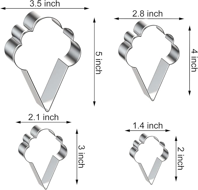 Ice Cream Cone Cookie Cutter Set for Summer - 5", 4", 3", 2" - 4 Piece - Stainless Steel