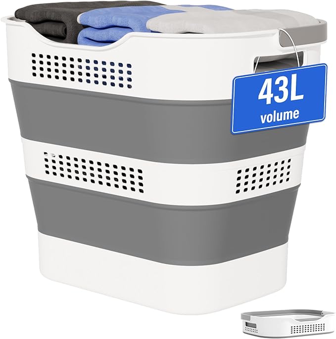 OOAMBB 43L(11.5Gallon) Collapsible Plastic Laundry Basket (Grey,1 Pack) | Foldable Laundry Basket with Handle,Pop Up Tall Storage Container/Organizer/Clothes Hamper for Laundry