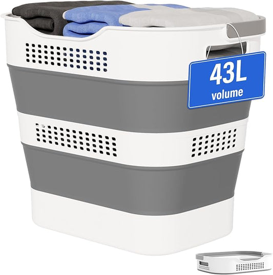 OOAMBB 43L(11.5Gallon) Collapsible Plastic Laundry Basket (Grey,1 Pack) | Foldable Laundry Basket with Handle,Pop Up Tall Storage Container/Organizer/Clothes Hamper for Laundry