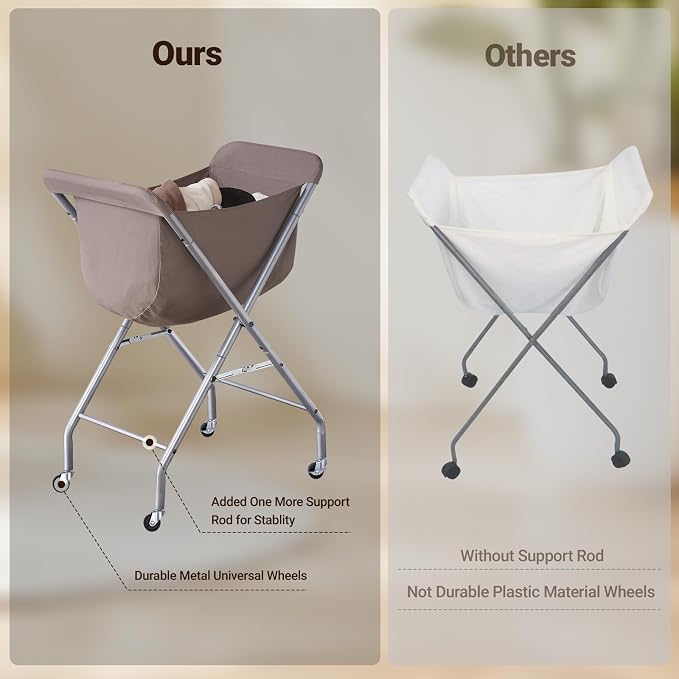 ELYKEN Laundry Basket with Wheels, Collapsible Laundry Hamper, Camel Brown | Removable Liner Bag, Foldable Design, Sturdy Metal Frame, 4 Casters, 32”H Laundry Cart for Bedroom, Bathroom & Laundry Room