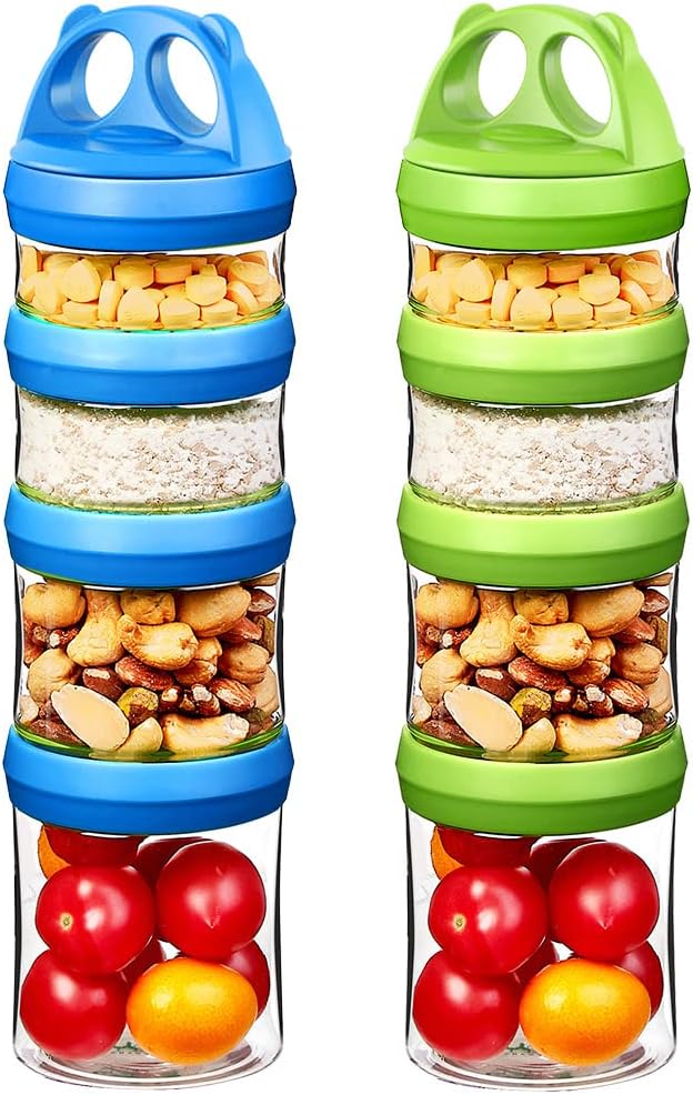 SELEWARE Stackable Snack Containers for Kids Toddlers Adults, Blue & Green | Portable Food Storage Containers for Snacks Formula Powder Drinks and Travel, Twist Lock System Airtight Leak-proof BPA Free