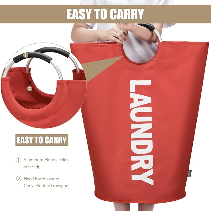 DOKEHOM 90L Large Laundry Basket Bag, Collapsible Tall Hamper, Red | Freestanding tall washing bin & foldable laundry bag. High-capacity clothes storage basket with durable sturdy handles