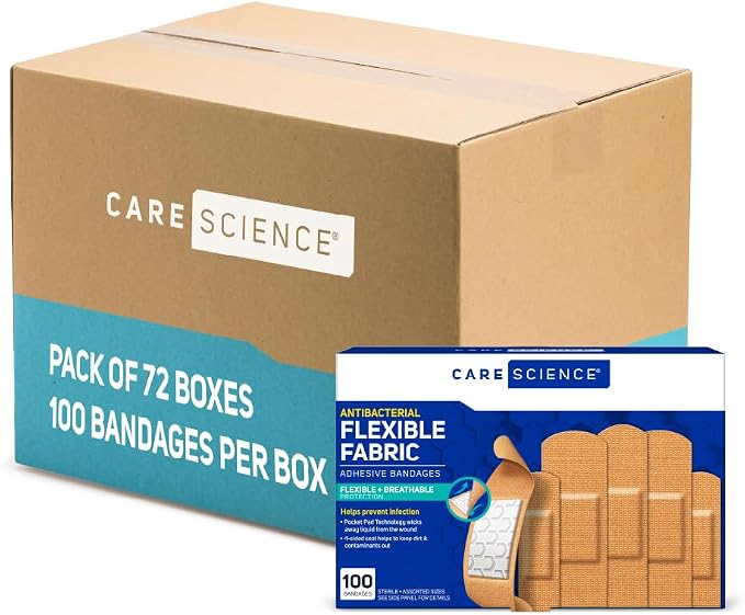 Care Science Antibacterial Fabric Bandages, Asst. Sizes, 100ct (Pack of 72) | Flexible + Breathable Protection for First Aid and Wound Care.