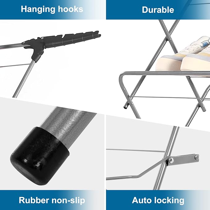 3 Tier Clothes Airer Drying Indoor and Outdoor, Laundry Rack with Non-Slip Feet and Corner Spaces for Hangers, Flat Foldable for Space Saving Washing Line, 20m Drying Space