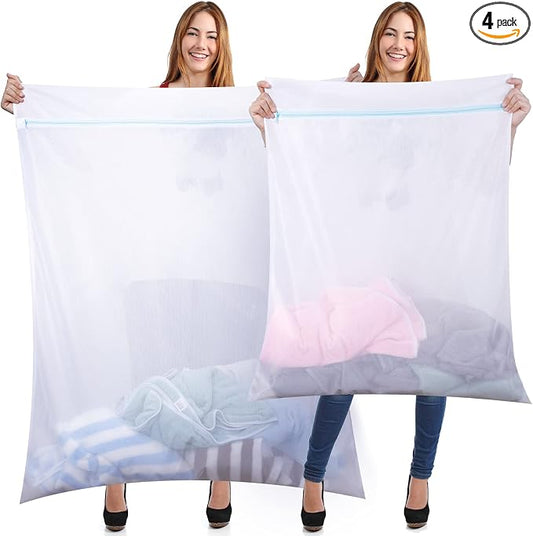 Windyun 4 Pieces Jumbo Mesh Laundry Bags, 43 x 35 and 24 x 32 Inches Large Mesh Wash Bags Zippered Garment Bag for Washing Machine Garment Dirty Clothes Washer Dryer Net Protector