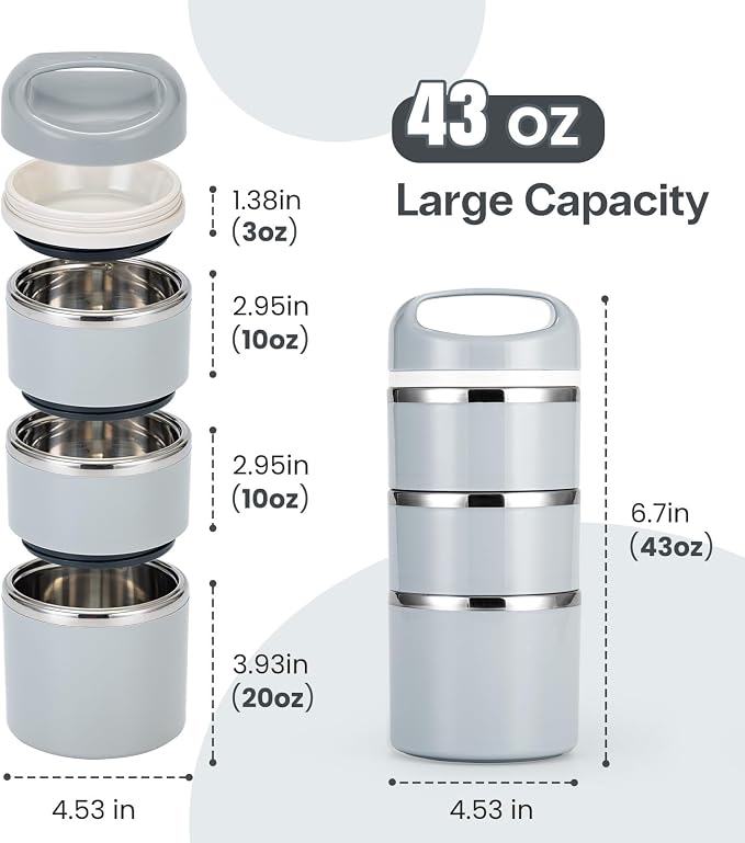 Lille Home Stackable Stainless Steel Thermal Compartment Lunch/Snack Box, 3-Tier Insulated Bento/Food Container with Lunch Bag and Three Extra Seals, 43OZ (Gray)