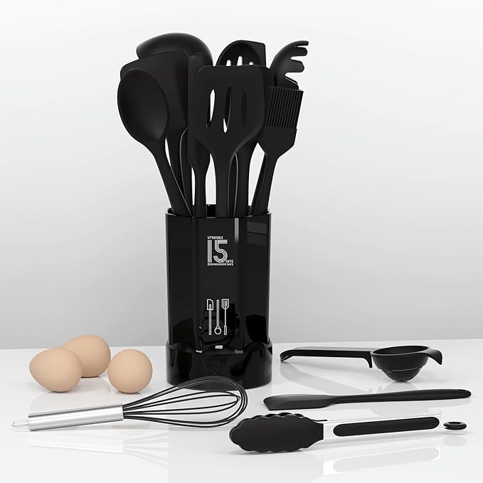 AOTHOD Silicone Cooking Utensils Set - 446°F Heat Resistant Kitchen Utensils,Turner Tongs,Spatula,Spoon,Brush,Whisk,Kitchen Utensil Gadgets Tools Set for Nonstick Cookware,Dishwasher Safe (BPA Free)