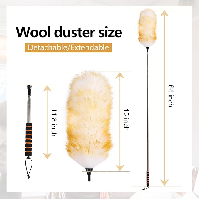 Lambswool Extendable Cleaning Duster 26-64 Inch, Anti-Static Wall Duster Cleaner with Sponge Grip and Stainless Steel Extension Pole for High Ceiling Fan, Interior, and Roof Dusting - Yellow & White
