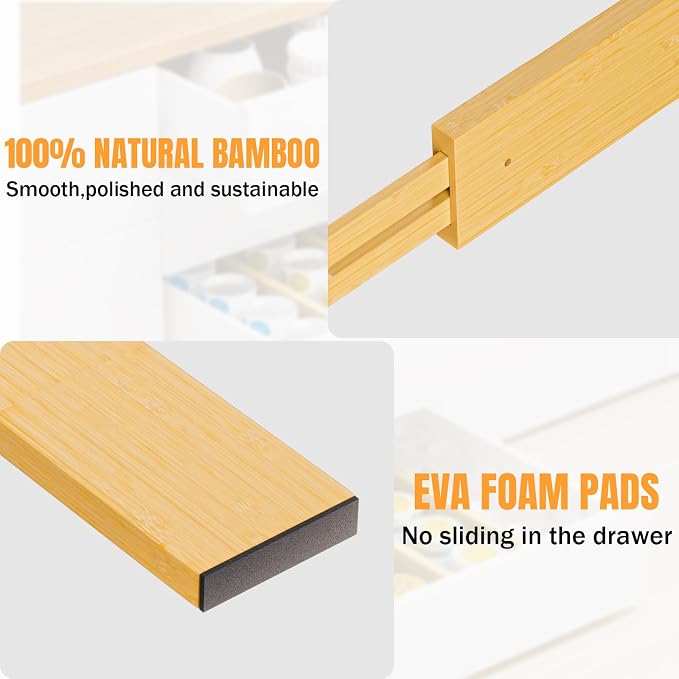 Bamboo Drawer Dividers Organizers, 2.56" High, 17"-21.8" Adjustable, 6 Pack | Expandable Separators, Great for Utensils, Kitchen, Bedroom, Dresser and Office Storage