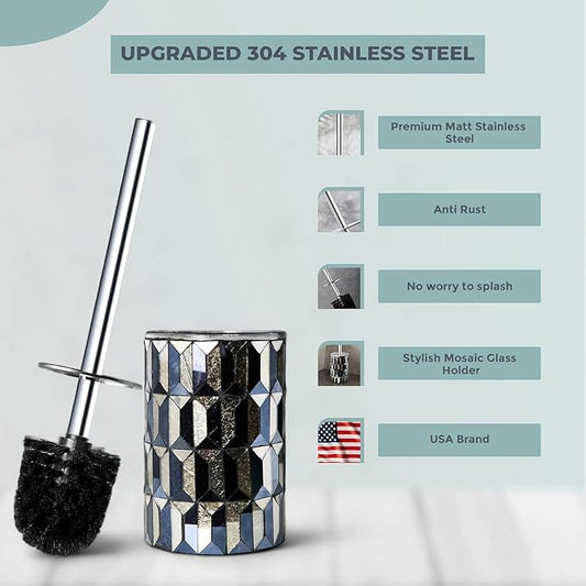 Escenzy Cute Toilet Brush and Holder Set Mosaic Glass | Non-Rustic Stainless Steel | Practical & Decorative Toilet Bowl Brush and Holder | Luxury Black and Gold Bathroom Accessories (Latest)