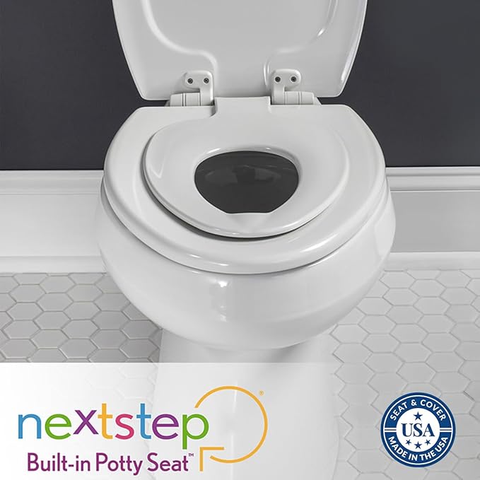 Mayfair NextStep2 Toilet Seat with Built-In Potty Training Seat, Slow-Close, Removable that will Never Loosen, Elongated, White, 2-Pack