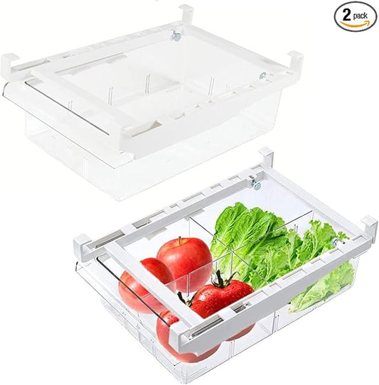 YekouMax Fridge Drawer Organizer, Refrigerator Organizer Bins, Pull Out with Handle, Fridge Shelf Holder Storage Box, Clear Container for Food,Drinks,Fit for Fridge Shelf Under 0.6" (2 Pack Medium)