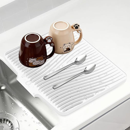 Silicone Dish Drying Mat for Kitchen counter, 15.8"x13" Extra Large Non-Slip Drain Pad with Built-in Drainage, Heat Resistant Dishwasher Safe, Ivory