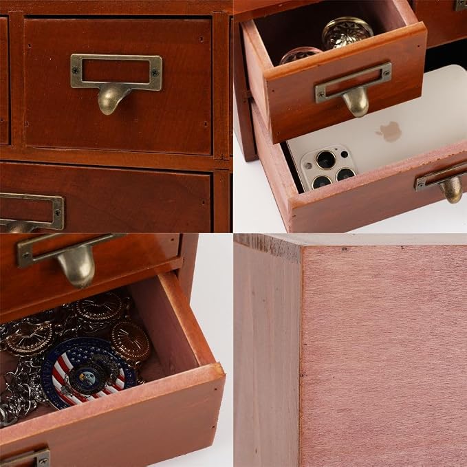 Apothecary Drawers Wooden Storage Box with 6 Drawers Vintage Countertop Wooden Drawers Apothecary Cabinet Library Card Catalog Cabinet （BROWN）
