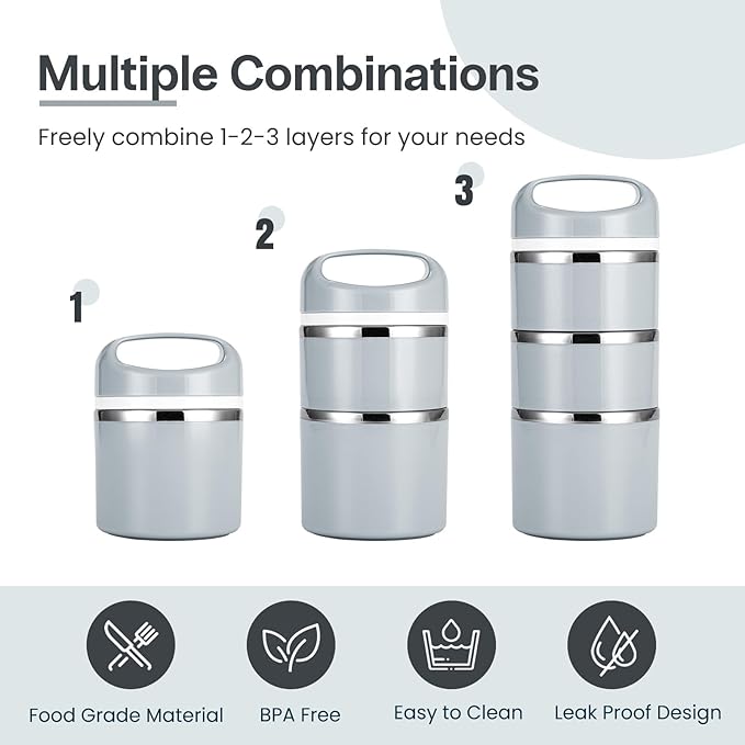 Lille Home Stackable Stainless Steel Thermal Compartment Lunch/Snack Box, 3-Tier Insulated Bento/Food Container with Lunch Bag and Three Extra Seals, 43OZ (Gray)