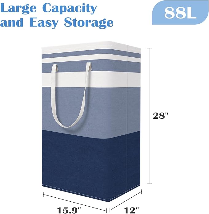 BlissTotes 3-Pack Laundry Basket, Collapsible Laundry Hamper, Blue, 88L | Laundry Clothes Hamper, Hampers for Bedroom, Freestanding Hamper with Handles, Clothes Laundry Basket