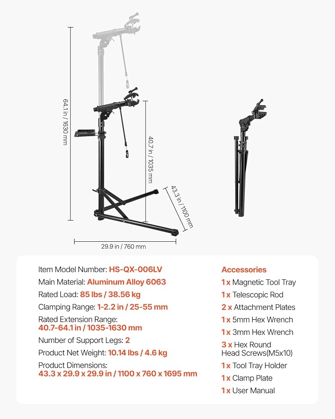 VEVOR Bike Repair Stand, 85 lb Heavy-duty Bicycle Work Stand with 40.7-64.1 in Adjustable Height & Magnetic Tool Tray, Foldable Bicycle Maintenance Rack, Shop Home Mechanics for Mountain & Road Bike