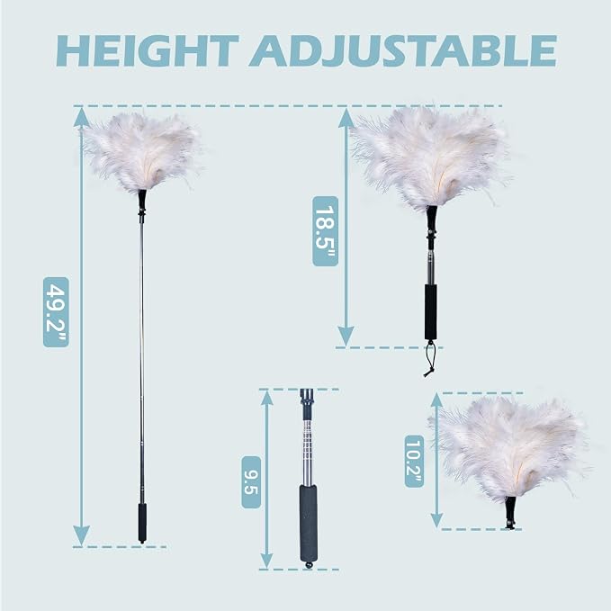 Extendable Feather Duster 22–47 Inch, Long Handle Ceiling Fan Duster for High Ceilings, Cobweb Duster, Natural Ostrich Feather Cleaner for Furniture & Blinds(White)