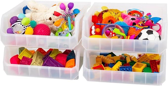ReadySpace Extra Large Plastic Storage Bins, Stackable Organizer Containers for Closet Pantry Shelf Garage and Office Organization, Clear, 4 Pack | Open-Front Stackable Bins For Garage, Pantry, Closet & Office, 14,8"L X 16,5"W X 7"H, Nests When Empty, ...