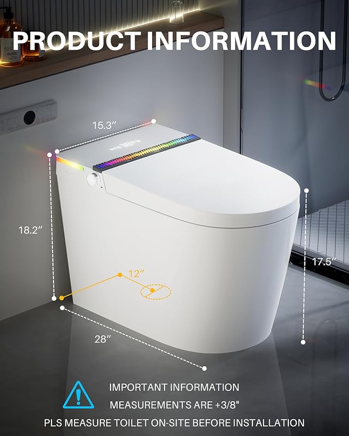 WinZo Smart toilet with bidet built in,Tankless Toilet Auto Open/Close Lid with Dryer, ADA Comfort Height Heat Seat, Instant Warm Water, Power Outage and Flush,Foot Sensor, LED Display, 1.28GPF White
