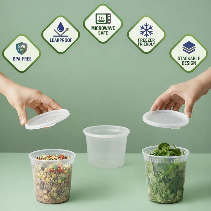 JoyServe 48 Sets Plastic Deli Containers with Lids - 16oz Pint & 32oz Quart | Leak Proof, Microwaveable, Dishwasher & Freezer Safe - Plastic Food Storage, Meal Prep, Restaurant & Soup Containers