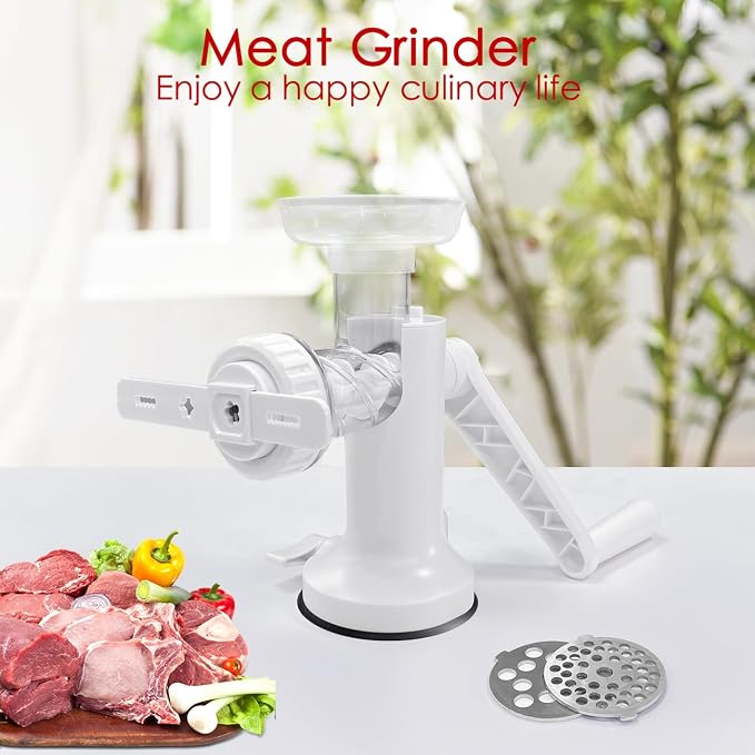 LHS Manual Meat Grinder, Heavy Duty Meat Mincer Sausage Stuffer,Hand Grinder with Stainless Steel Blades for Meat, Sausage, Cookies, Easy to Clean(3 in 1,White)