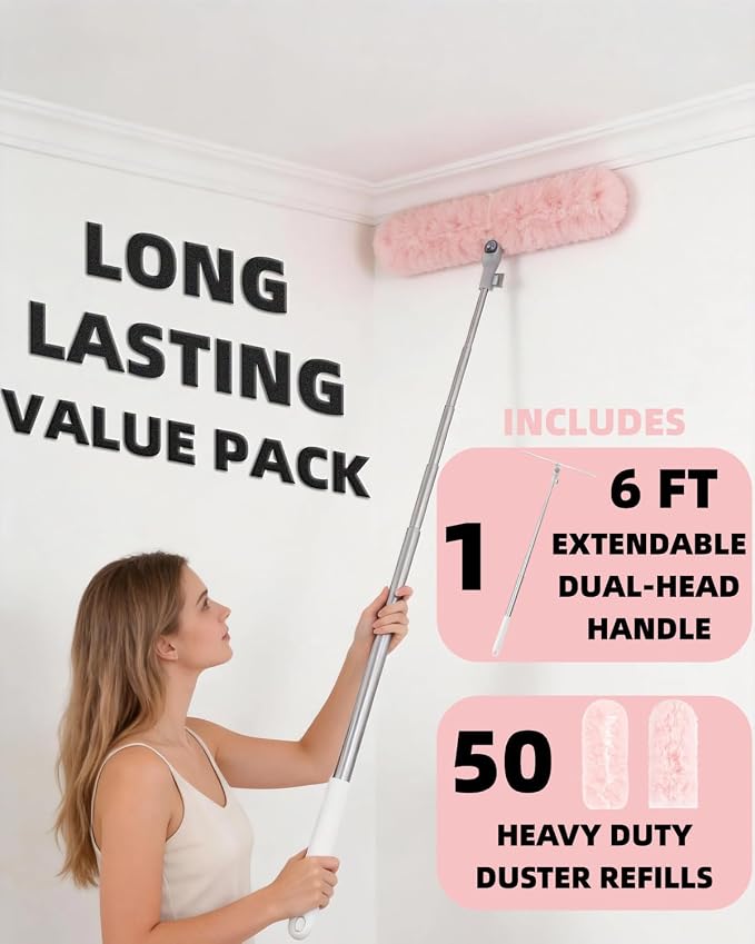 6 ft Extendable Duster Kit with 50 Pink Refills for Swiffer Duster | 360 Heavy Duty Duster Refills, 5X Microfibers Trap Dust, Long Extended Handle for Ceiling Fan, Vents and Hard to reach Areas