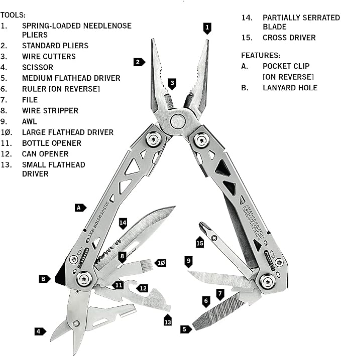 Gerber Suspension NXT 15-in-1 Multitool Pliers, EDC Knife, Stainless Steel | Stainless steel, needle nose pliers, wire stripper, survival/camping gear, gifts for men, EDC pocket clip