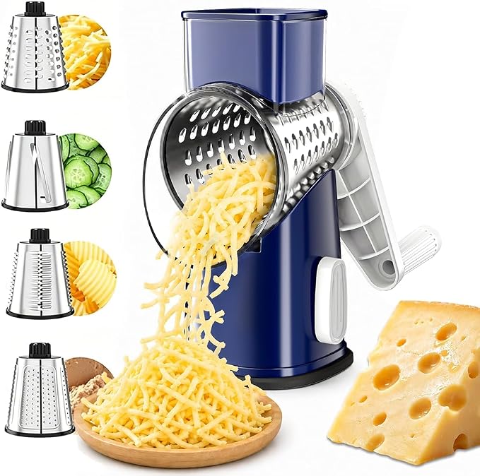 VEKAYA Rotary Cheese Grater Hand Crank with 4 Interchangeable Stainless Steel Blades, Large Manual Handle Shredder and Waffle Slicer for Vegetables, Cheese and Nuts with Table Suction Base(Blue)