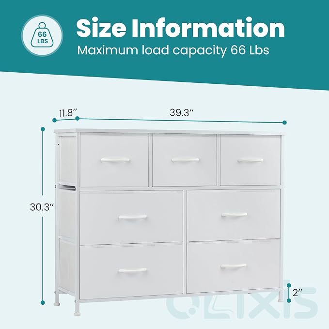 OLIXIS 7 Drawer Closet Organizer, Storage Tower with Sturdy Steel Frame | White Dresser for Bedroom, Wooden Top & Easy Pull Fabric Bins, Clothes Organization, Living Room Entryway