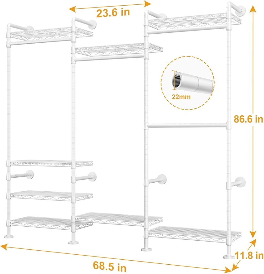 ULIFHOME M6 Clothes Rack for Wall Mounted, Heavy Duty Closet Wardrobe System with 8 Shelves and 4 Hanger Rods, 68.5" W x 11.8" D x 86.6" H Clothing Storage Organizer for Holding 1064lbs, White