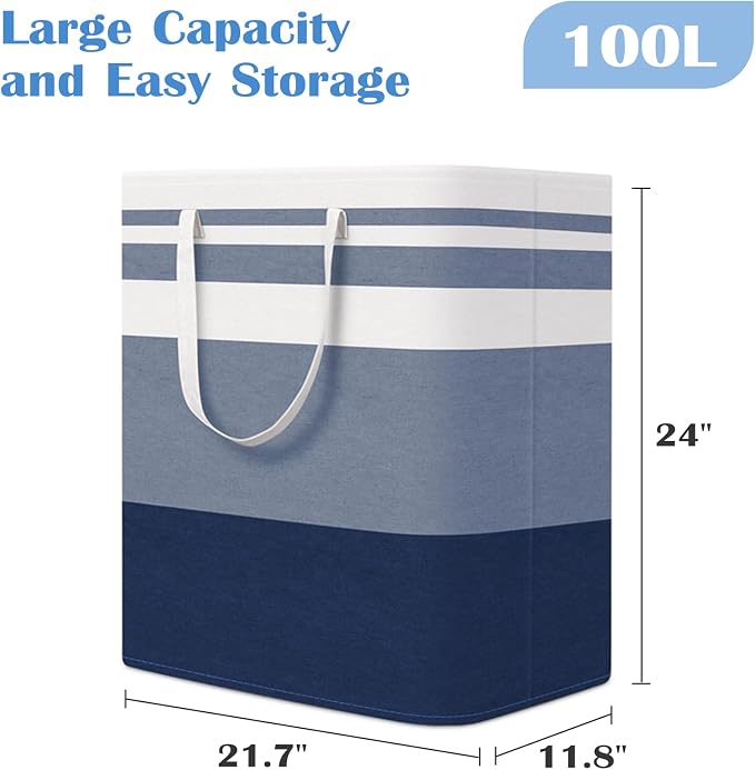 BlissTotes 3-Pack Laundry Basket, Collapsible Laundry Hamper, Blue, 100L | Laundry Clothes Hamper, Hampers for Bedroom, Freestanding Hamper with Handles, Clothes Laundry Basket