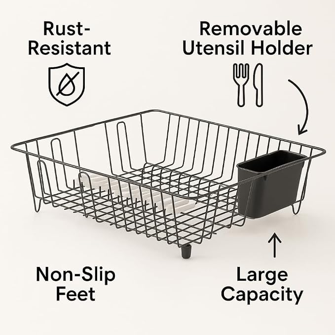 Large Wire Dish Rack – 17.5" x 13.7" x 5.5", Black/Chrome, Space-Saving Kitchen Dish Drainer with Utensil Holder, Rust-Resistant for Drying Plates & Bowls