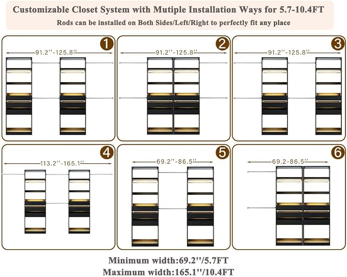 Closet System Set of 2, 5.7-10.4FT Closet Organizer System with 6 Wood Drawers & 2 LED Glasstop, Wood Walk-in Closet with 10 Hanging Rods & 2 Trouser Rack, Built-in Garment Rack with Shelves, Black
