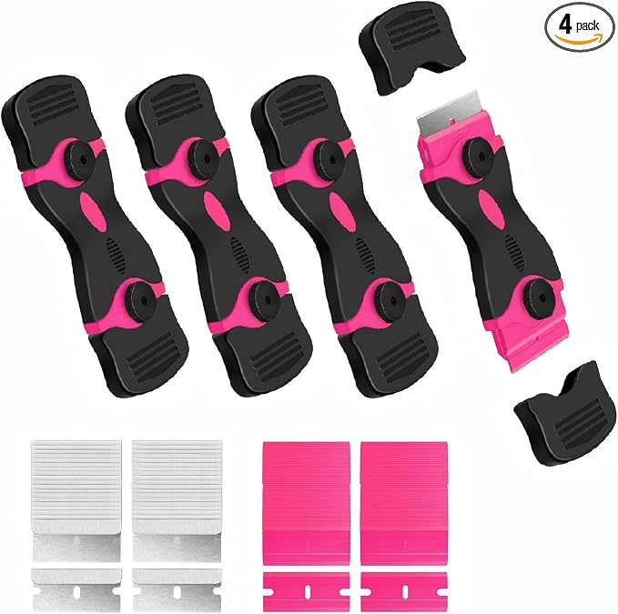 4 PCS Razor Blade Scraper with 40Pcs Metal and 40Pcs Plastic Blades, 2-in-1 Cleaning Scraper Tool for Cooktop Oven Floor Window Glass Car (Pink)