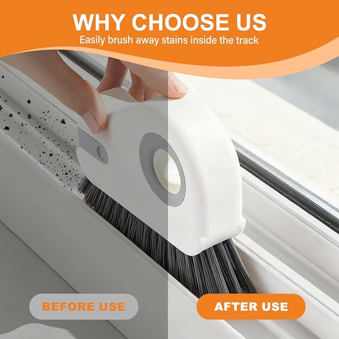 2 in 1 Window Track Cleaning Brush, 2026 New Groove Crevice Cleaning Tool, Multifunctional Hard Bristle Grip Brush with Hidden Scraper, Gap Scrub Brush for Sliding Door, Window Sill (1Pc-Orange)