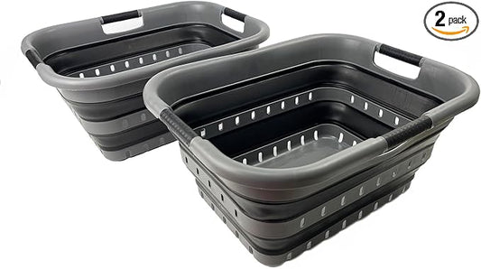 SAMMART 41L (10.8 gallon) Set of 2 Collapsible 3 Handled Plastic Laundry Basket-Foldable Pop Up Storage Container/Organizer-Portable Washing Tub-Space Saving Hamper/Basket (2, Grey/Black)