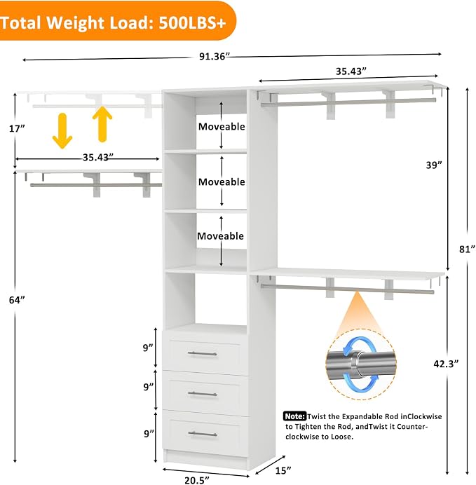 Closet System with Drawers, 5-8FT Closet Organizer Systems with Expandable Hanging Rods, 91.36" Closet Shelving Systems for Walk in Closets, Heavy Duty Wall Mount Closet Systems-White