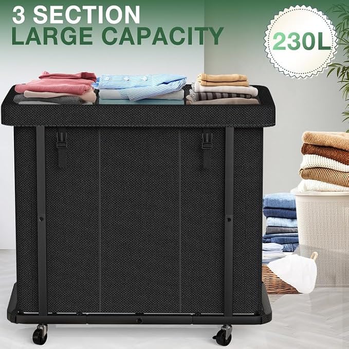 Laundry Basket with Lid,230L Rolling Laundry Hamper with Wheels,Black | Dirty Clothes Hamper with Metal Frame and Removable Bag Design, Suitable for Laundry Room, Bedroom (3 Section)
